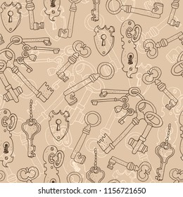 Vintage keys vector seamless background, hand drawn pattern on beige background