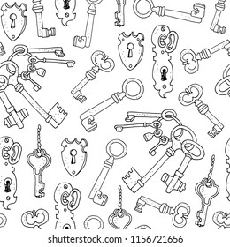 Vintage keys vector seamless background, hand drawn pattern isolated on white background