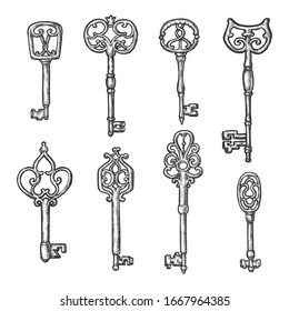 Vintage keys vector sketch with different ornament heads. Hand drawn sketch ancient Medieval keys of forged metal and filigree decoration, heraldic symbols and tattoo design