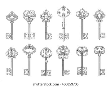 Vintage keys or victorian chaves line icons on white backgroud. Vector illustration