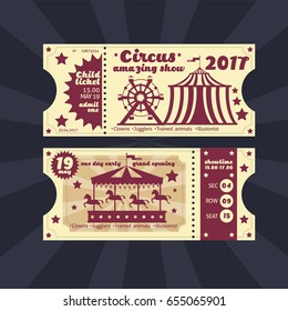 Vintage kids costume party invitation. Retro circus carnival ticket vector template. Illustration of ticket to show circus