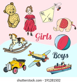 Vintage kids girls and boys toys sketch icons set isolated vector illustration