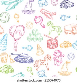 Vintage kids toys sketch colored seamless pattern with yacht teddy bear retro truck vector illustration