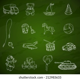 Vintage kids toys sketch icons set on green chalkboard background isolated vector illustration.