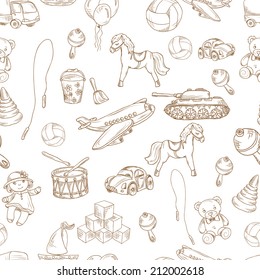 Vintage kids toys sketch seamless pattern with blocks balloon jumping rope vector illustration.
