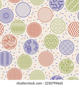 Vintage kimono swatch vector endless ornament. Circle shapes with oriental patterns inside. Japanese geometry in circles. Mottled texture background. Gift packaging design.