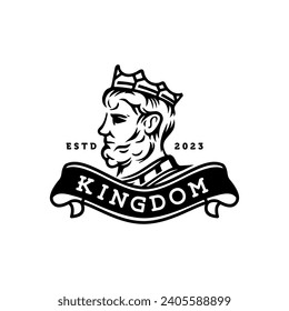 vintage king logo.  head wearing crown statue icon logo design Illustration vector in trendy minimal and simple line style. Ancient king emperor Figure Face Head Statue Sculpture.