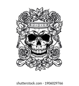 Vintage king or queen skull in roses vector illustration. Monochrome regal skull in flowers wearing crown. Tattoo design and monarchy concept can be used for retro template, banner or poster