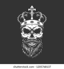 Vintage king skull in royal crown with beard and mustache isolated vector illustration