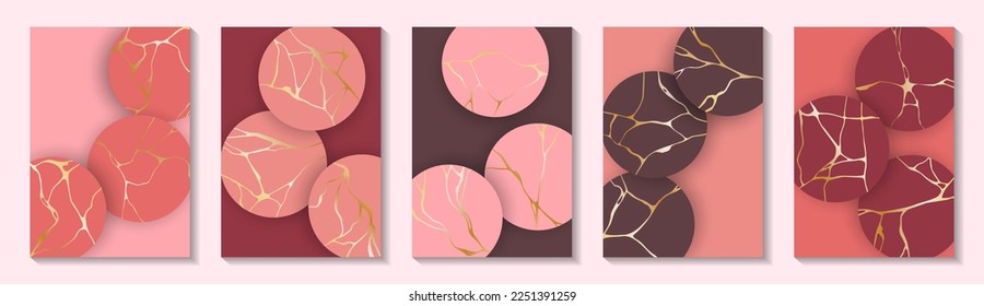 Vintage kintsugi art gold brocken line patterns vector collection. Booklet cover pages with kintsugi japanese art foil ornaments. Crack brocken line backgrounds. Cover page templates.
