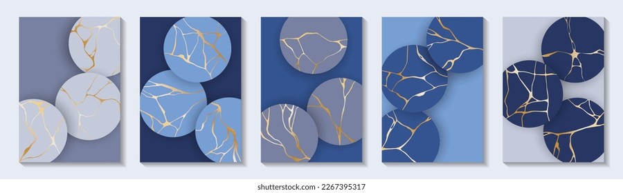 Vintage kintsugi art gold brocken line patterns vector collection. Brochure cover pages with kintsugi japanese art foil patterns. Crack brocken line ornaments on round backgrounds.