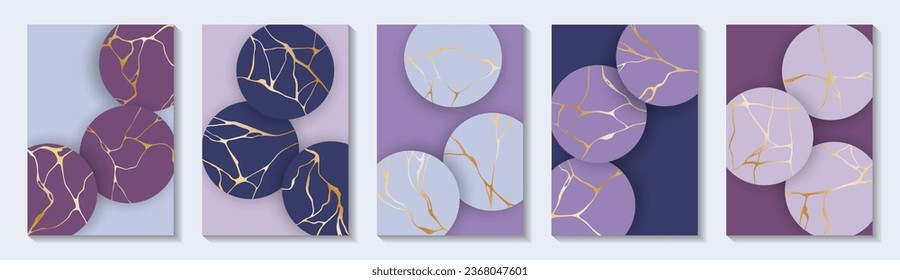 Vintage kintsugi art gold brocken line patterns vector collection. Booklet cover pages with kintsugi japanese art foil ornaments. Crack brocken line ornaments. Banner templates.