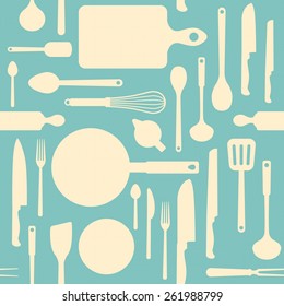 Vintage kitchen and cooking tools seamless pattern with kitchenware equipment on light blue background