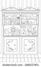 vintage kitchen cupboard with pots, cups, dishes on background of stripes wall for your coloring book