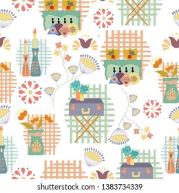 A vintage kitchen decor in a repeated pattern. Perfect for print on kitchen accessories, wrapping paper, gift bags or used on web, as a background
