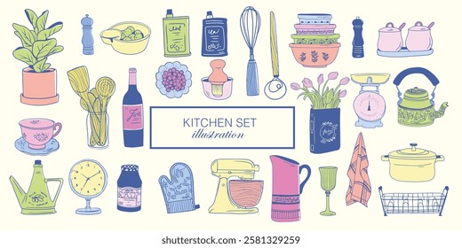 Vintage Kitchen Hand Drawn Illustration Pack featuring various utensils, cookware, and decorative elements.  Perfect for culinary branding, print projects, and home decor designs.