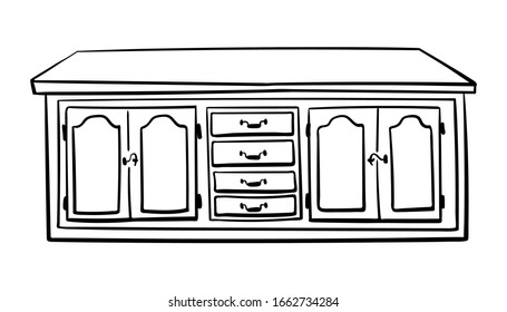 Vintage Kitchen Island With Drawers/ Vintage Furniture/ Interior Design Elements/ Hand Drawn Sketch Illustration Isolated On White Background