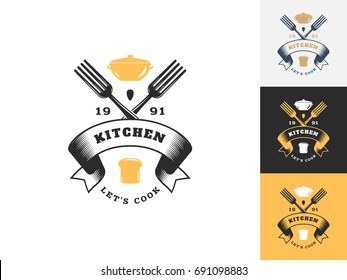Vintage kitchen logo design template. Vector logotype elements, Icons, Symbols, Retro Labels, Badges and Silhouettes. Vector illustration