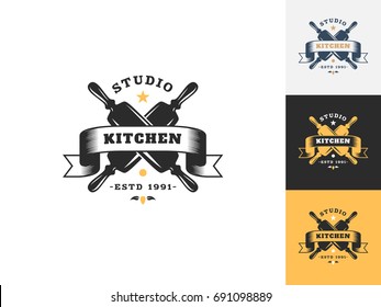 Vintage kitchen logo design template. Vector logotype elements, Icons, Symbols, Retro Labels, Badges and Silhouettes. Vector illustration