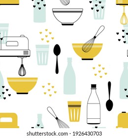 vintage kitchen pattern in vector on white background, stylish design elements spoon, bowl, mixer, glass and bottle