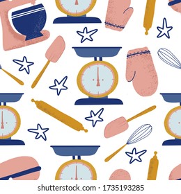 Vintage kitchen seamless pattern in vector on white background.  Kitchen utensil and appliance cartoon texture. Food preparation Scandinavian illustration. 