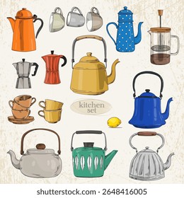 Vintage kitchen set with kettles, coffee makers and cups on a light textured background.