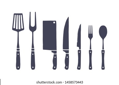 Vintage kitchen set. Set of meat cutting knife, fork, spoon, old school graphic elements. Set of kitchen equipment - butcher chef knife, meat knife, fork, spoon, table knife. Vector Illustration