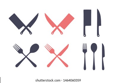 Vintage kitchen set. Set of meat cutting knife, fork, spoon, old school graphic elements. Set of kitchen equipment - butcher chef knife, meat knife, fork, spoon, table knife. Vector Illustration