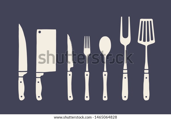 Vintage kitchen set. Set of meat cutting
knife, fork, spoon, old school graphic elements. Set of kitchen
equipment - butcher chef knife, meat knife, fork, spoon, table
knife. Vector
Illustration