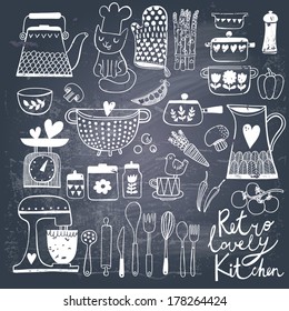 Vintage kitchen set in vector on chalkboard background. Stylish design elements: pepper-box, fork, spoon, bowl, pan, mixer, scales, colander, knife and others