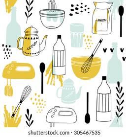 Vintage kitchen set in vector on white background. Stylish design elements: spoon, bowl, mixer, bottle, glass and others. Made with ink