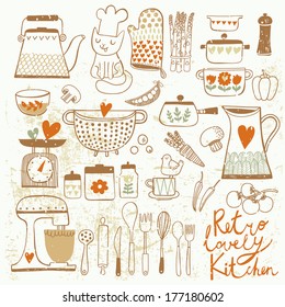 Vintage kitchen set in vector. Stylish design elements: pepper-box, fork, spoon, bowl, pan, mixer, scales, colander, knife and others