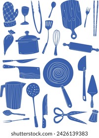 Herramientas de cocina vintage, suministros de cocina para cocinar conjunto de patrones sin fisuras icono editable fondo aislado dibujante azul, ilustración de libro icono doodle, simple azul, mínimo, minimalismo retro, vintage	
