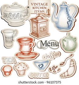 Vintage kitchen tools and food icons vector