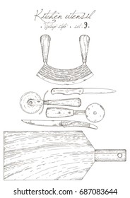 Vintage kitchen tools - knives and cutting board