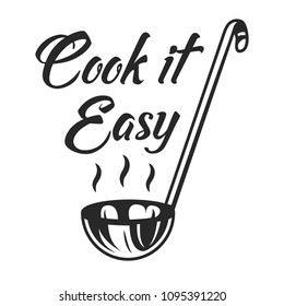 Vintage kitchen utensil logo with metal ladle and inscription in monochrome style isolated vector illustration