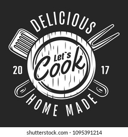 Vintage kitchen utensil logotype with inscription wooden plate crossed fork and spatula isolated vector illustration