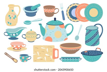 Vintage kitchenware, cutlery to cook food in home kitchen vector illustration set. Cartoon fork tools and cup, dish bowl, plate with cute pattern for family dinner, retro tableware isolated on white