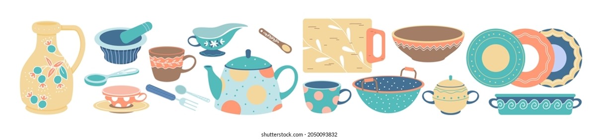 Vintage kitchenware, cutlery to cook food in home kitchen. Cartoon fork tools and cup, dish bowl, plate with cute pattern for family dinner