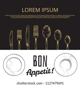 Vintage knife, fork, spoon and dishes in sketch engraving style. Bon appetit menu banner template. Vector illustration