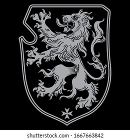 Vintage Knight heraldic royal emblem. A medieval heraldic coat of arms, heraldic lion, heraldic emblem design, isolated on black, vector illustration