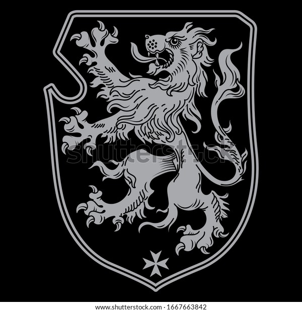 Vintage Knight heraldic royal emblem. A\
medieval heraldic coat of arms, heraldic lion, heraldic emblem\
design, isolated on black, vector\
illustration