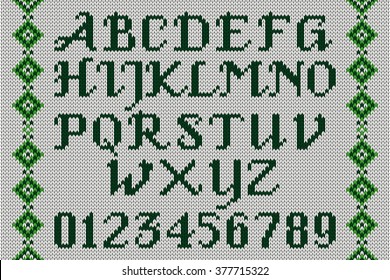 Vintage knitted alphabet. Set of white knitted alphabet, numbers and punctuation marks.  Vector illustration. Can be used in graphic design.