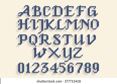 Vintage knitted alphabet. Set of white knitted alphabet, numbers and punctuation marks.  Vector illustration. Can be used in graphic design.