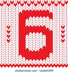 Vintage knitted number six on knitted frame background.   Vector illustration.