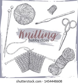 Vintage knitting tools hand drawn sketch. Hobby class series. Great for knitting publications, hobby and handicraft sites or blogs.