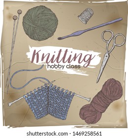 Vintage knitting tools hand drawn color sketch. Hobby class series. Great for knitting publications, hobby and handicraft sites or blogs.