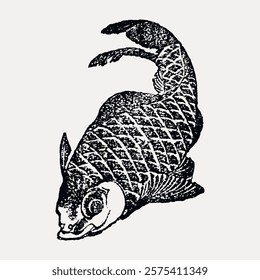 Vintage koi fish illustration in black and white. Detailed koi fish design with scales. Artistic koi fish drawing, perfect for tattoo or decor. Vintage art drawing, isolated vector element.