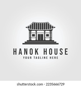 vintage korean hanok logo vector icon design illustration, joglo house from java, hanok house from south korea