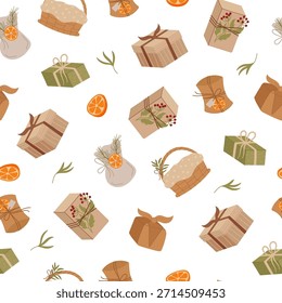 Patrón de caja de regalo kraft de Antiguas en estilo plano sin costuras. Eco presente y diseño de caja hecho a mano con acento de cartón e inspiración navideña. Sutil sensación navideña en tonos naturales.